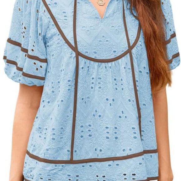 Light Blue V-Neck Puff Sleeve Babydoll Top, XX-Large - Breezy Summer Elegance - Picture 1 of 6